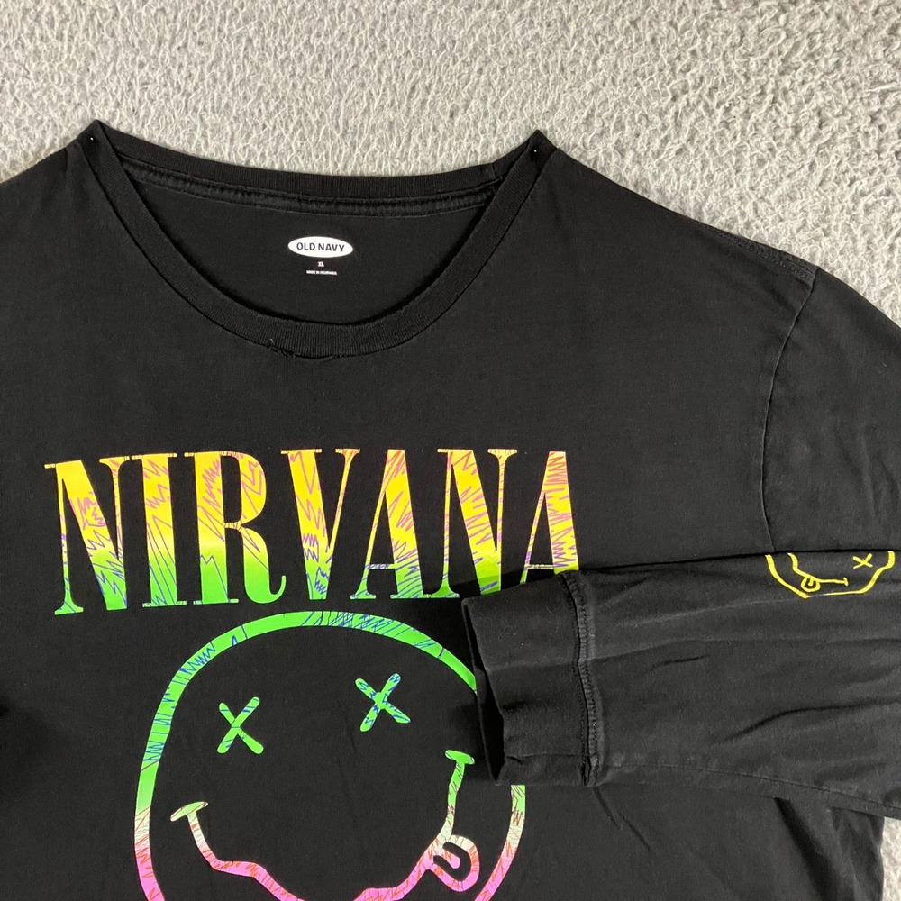 Old Navy Nirvana Shirt Men XL Black Neon Smiley Face Graphic Band Tee L/S‎ Goth